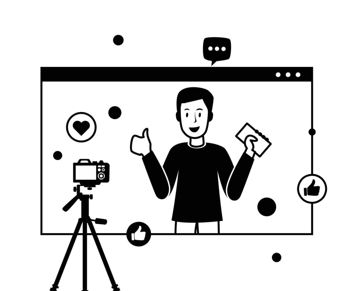 Content Creators Outline Illustrations Set, Blog Advertising Content Creativity Marketing Elements. Character live Stream vector