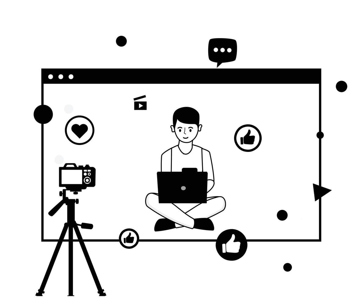 Content Creators Outline Illustrations Set, Blog Advertising Content Creativity Marketing Elements. Character live Stream vector