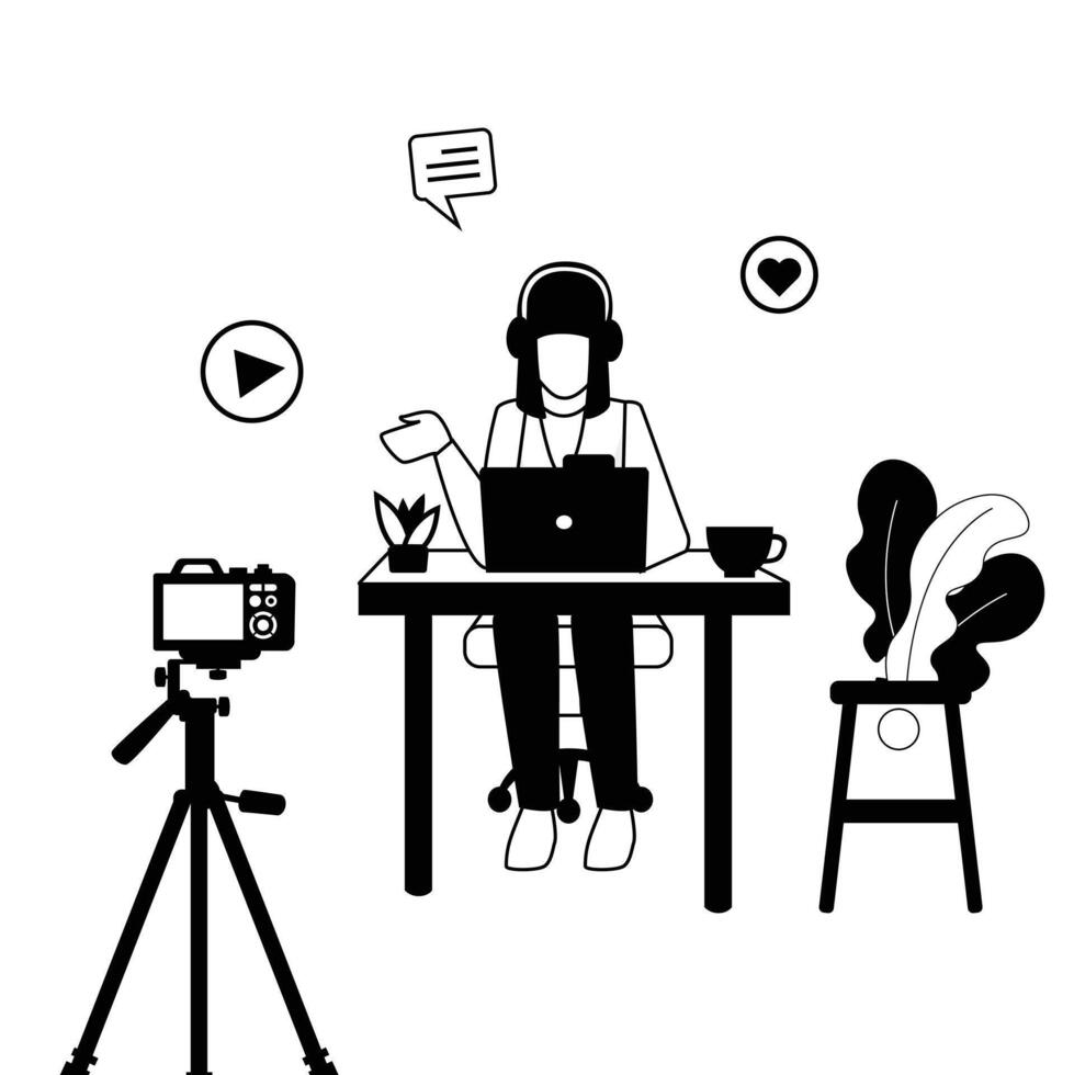 Content Creators Clip Art Outline Illustrations Set, Digital Development multimedia recording Template. vector