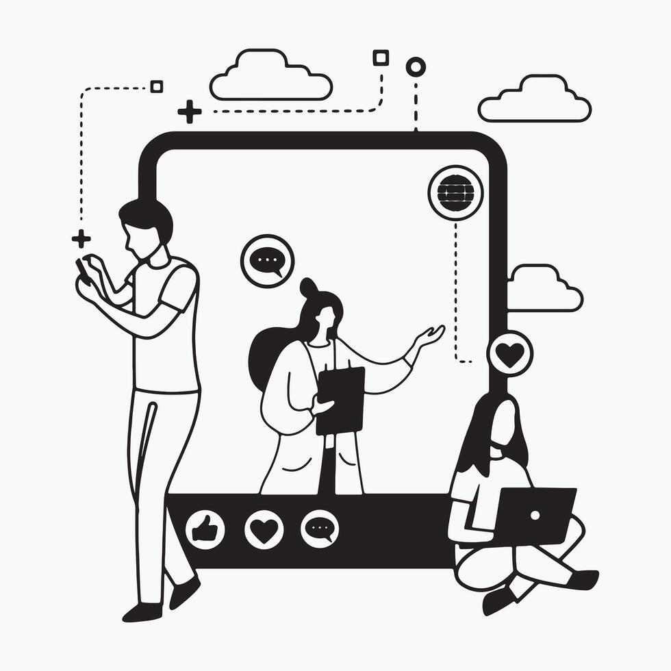 A Black And White Image Of A Woman And A Man With A Laptop Working In Online Outline Clip Art . Content Creators Digital Development multimedia recording Template. vector