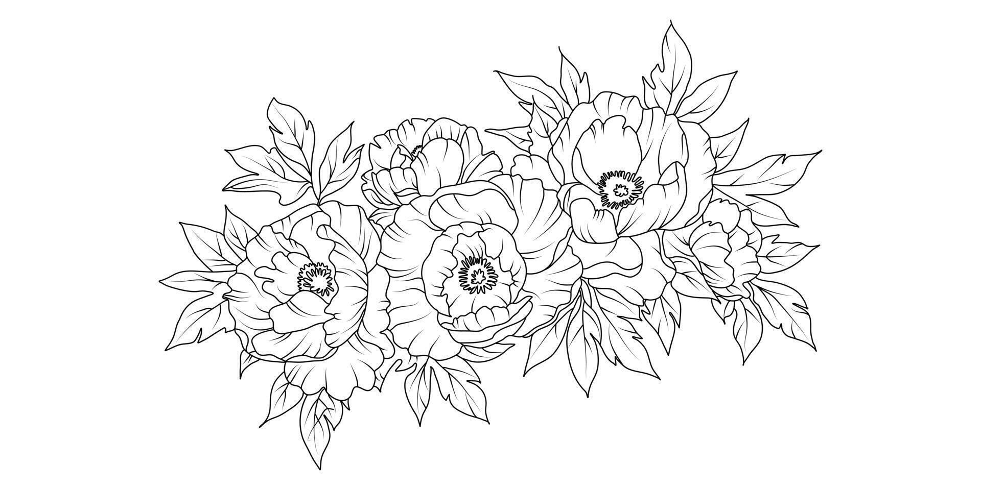 Peony flower arrangement line art on white background. Silhouette botanical hand drawn element for wedding, invitation frame design, illustration vector