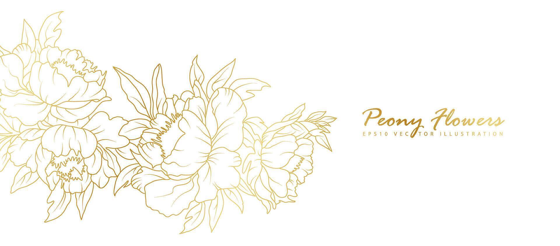 Golden peony flowers line art isolated on white background. Luxury floral design elements for invitation, wedding, wallpaper, print template, illustration vector