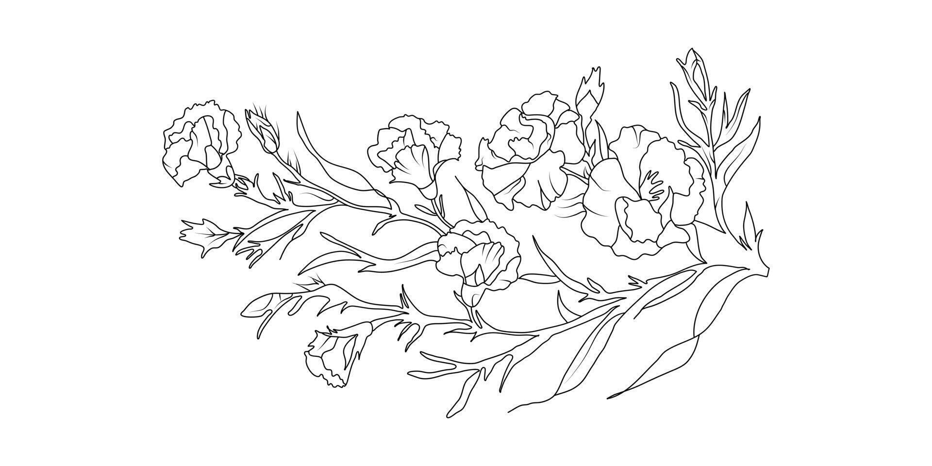Peony flower arrangement line art on white background. Silhouette botanical hand drawn element for wedding, invitation frame design, illustration vector