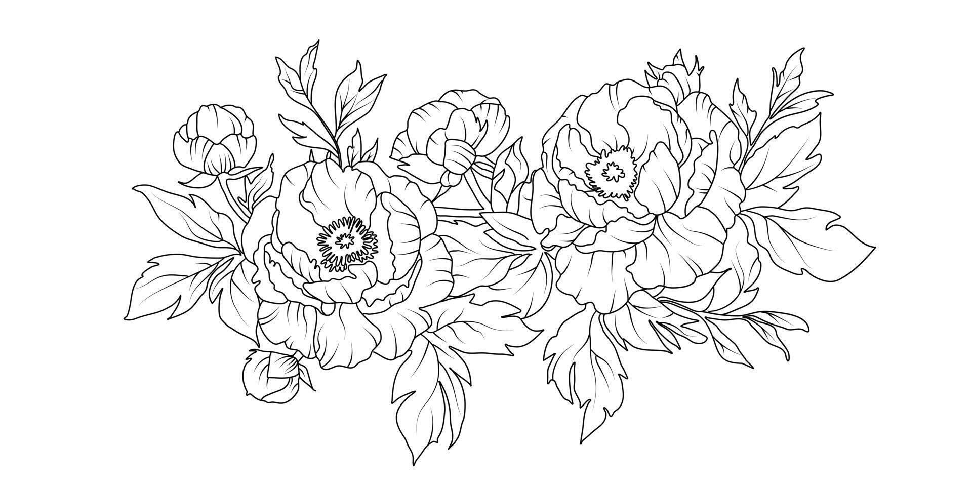 Peony flower arrangement line art on white background. Silhouette botanical hand drawn element for wedding, invitation frame design, illustration vector