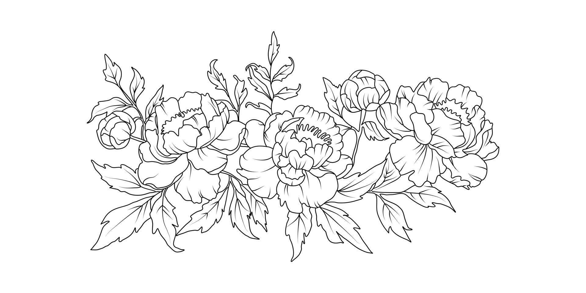 Peony flower arrangement line art on white background. Silhouette botanical hand drawn element for wedding, invitation frame design, illustration vector