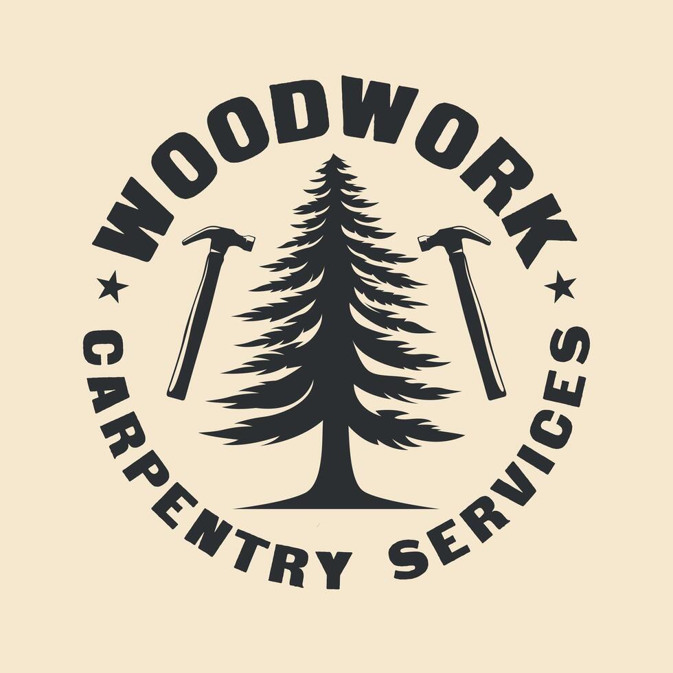 Carpenter woodwork carpentry hammer and tree Vintage logo vector