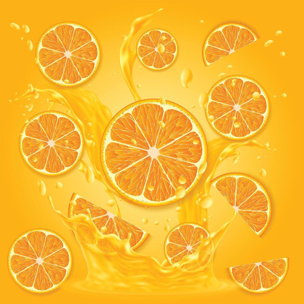 Fresh Orange Fruits with slice with Yellow Background vector