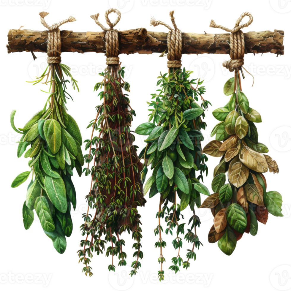 Bunches of Fresh Herbs and Flowers Tied with String png