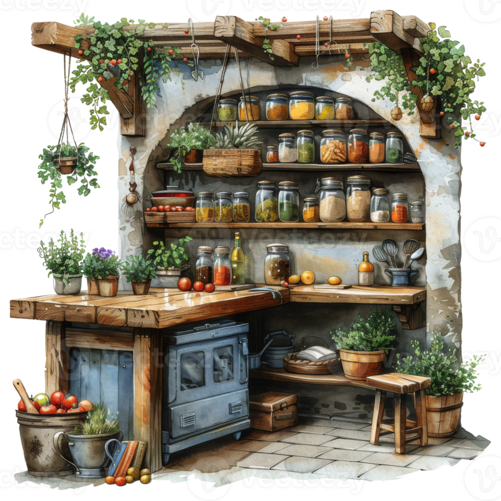 Rustic Kitchen with Wooden Shelves and Utensils png