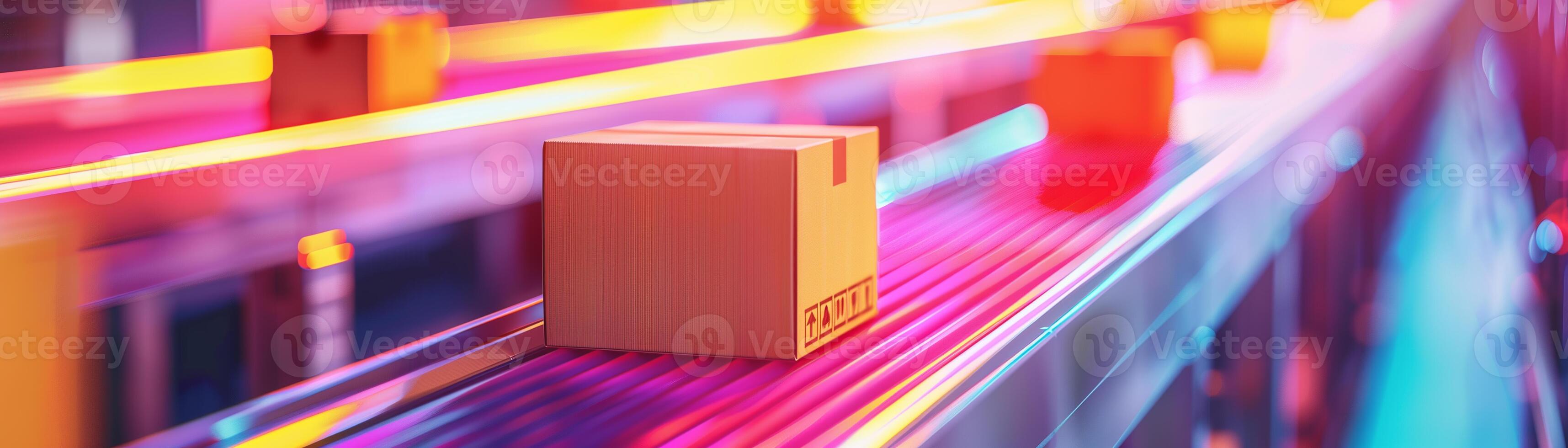 Brightly colored warehouse conveyor belt with cardboard boxes in motion, showcasing modern logistics and automated supply chain technology. photo