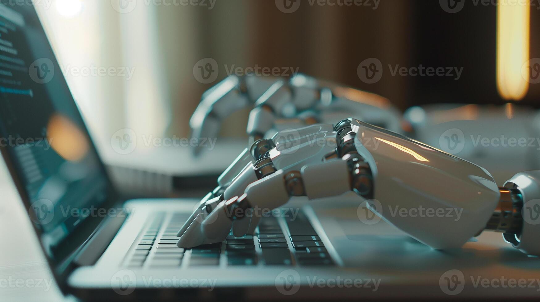 This image captures a high-tech robotic hand skillfully operating a laptop, illustrating the advanced integration of robotics in technology and data processing tasks. photo