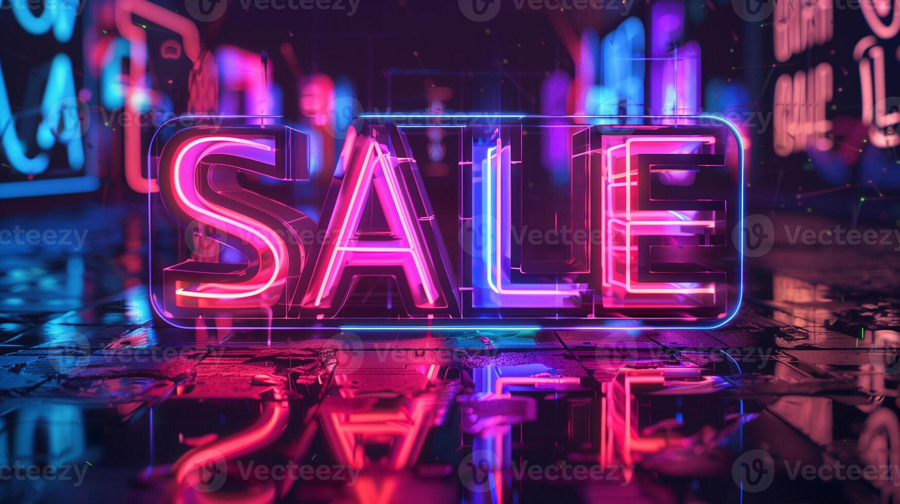 Vibrant neon SALE sign in a colorful urban setting at night, photo