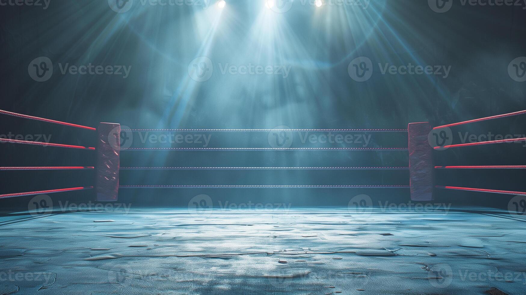 Boxing ring under spotlight with no people, emphasis on the empty ring and ropes, wide space for text, perfect for advertising photo