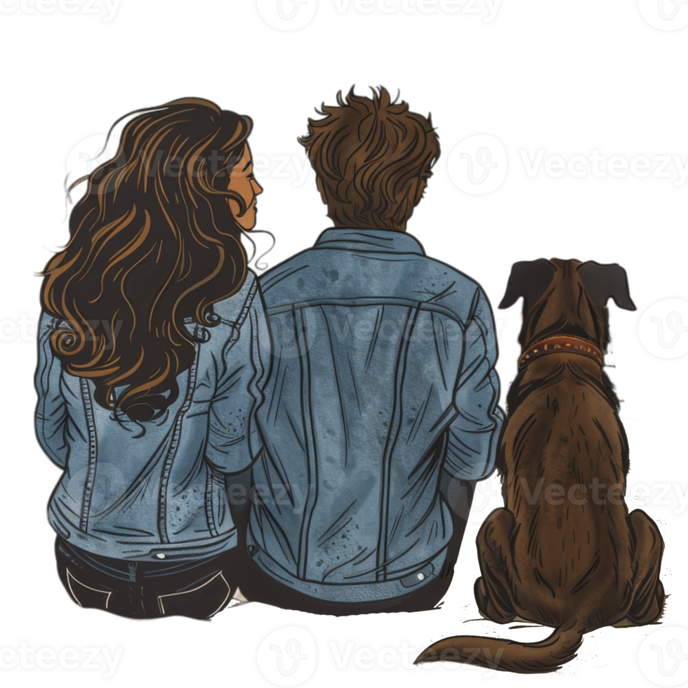 Paar mit Hund Sitzung zusammen von hinter png
