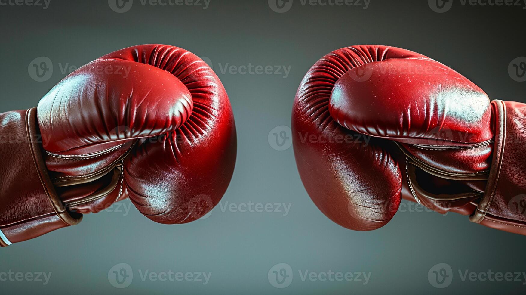 Two pairs of boxing gloves touching before a match, neutral background, focused lighting, large area for text, banner design photo
