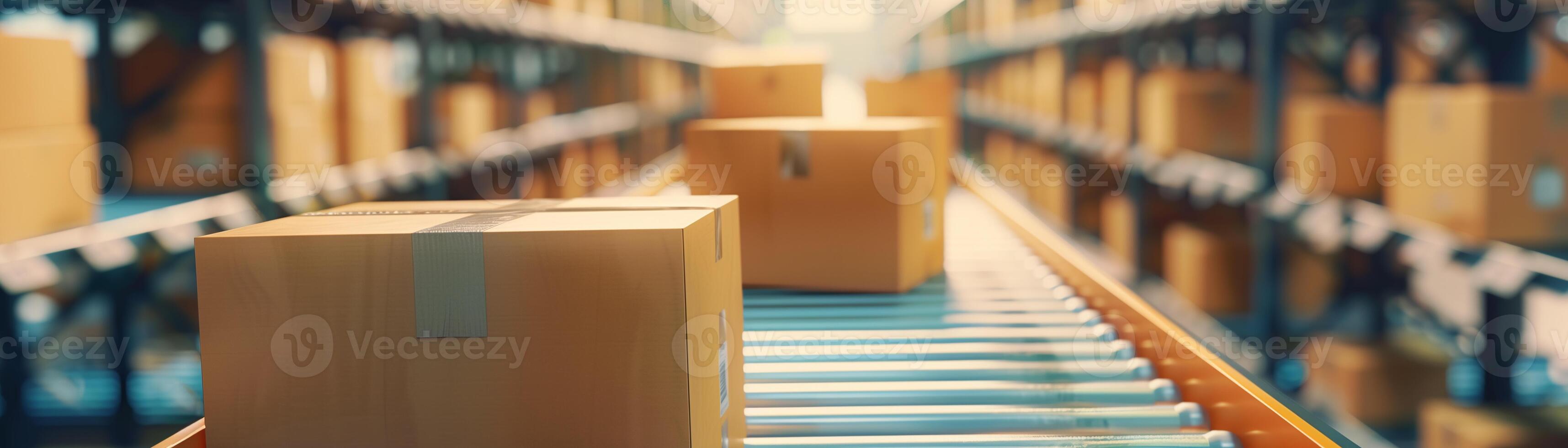 Boxes on a conveyor belt in a warehouse. The scene showcases a system of efficiency in the logistics and shipping industry. photo