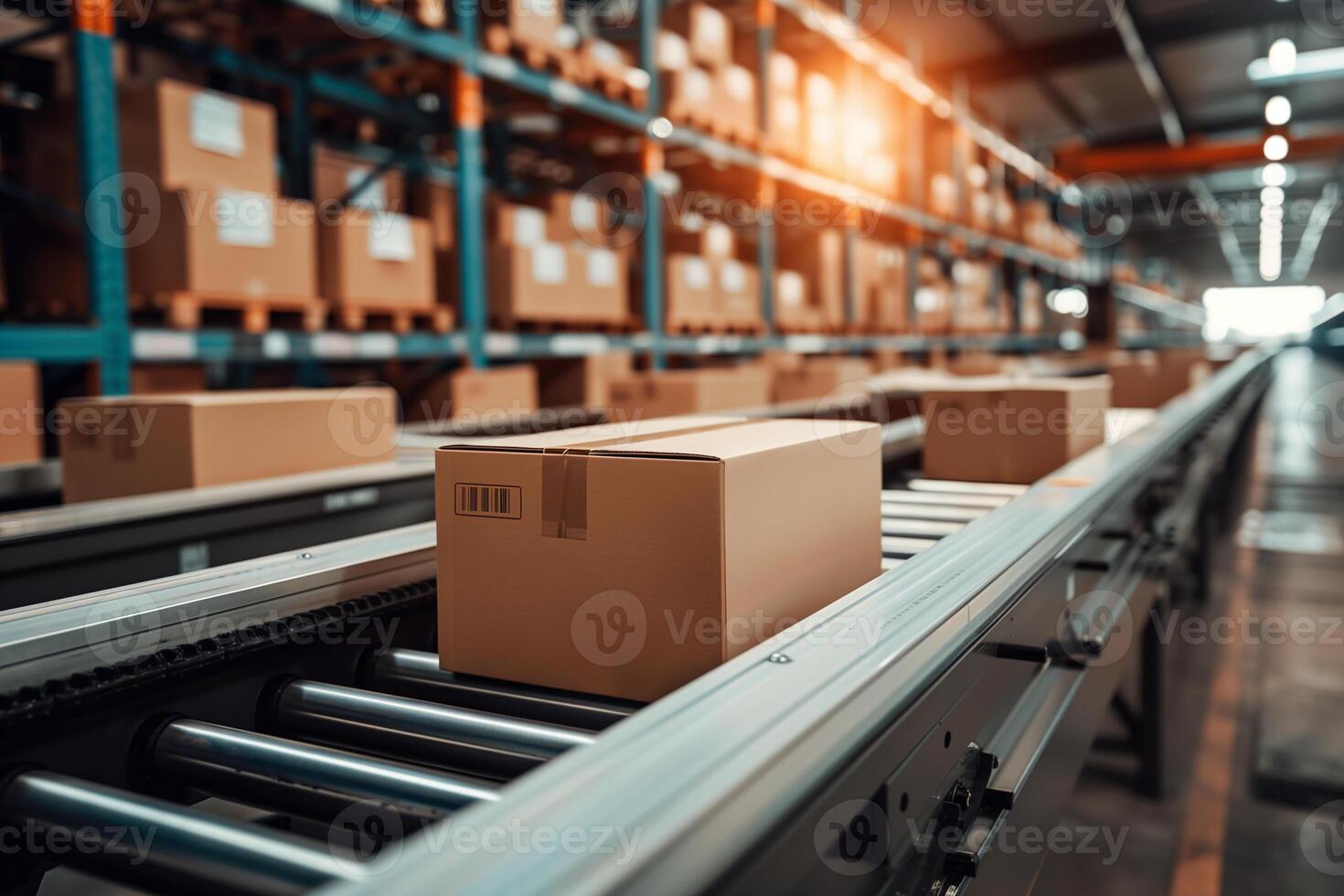 Boxes on a conveyor belt in a large warehouse, illuminated by warm lighting, representing efficient logistics and distribution processes. photo