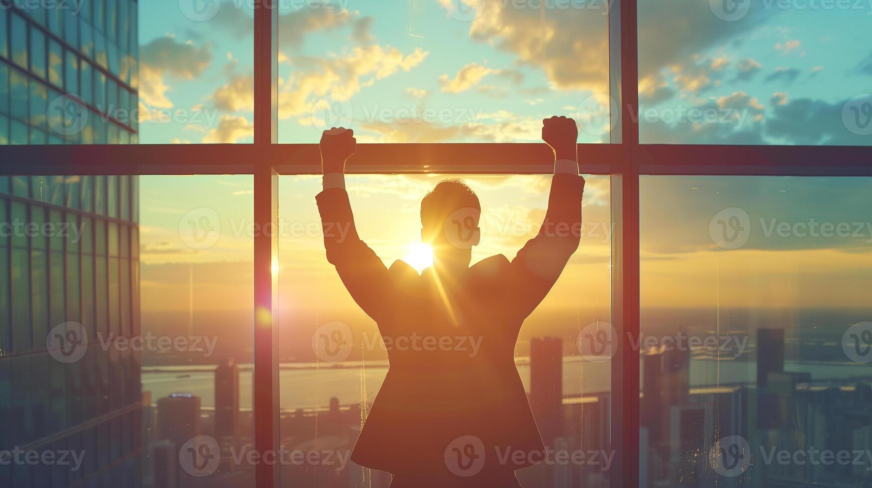 Businessman raising arms in triumph, standing in front of large window with cityscape and sunset, symbolizing success and achievement. photo
