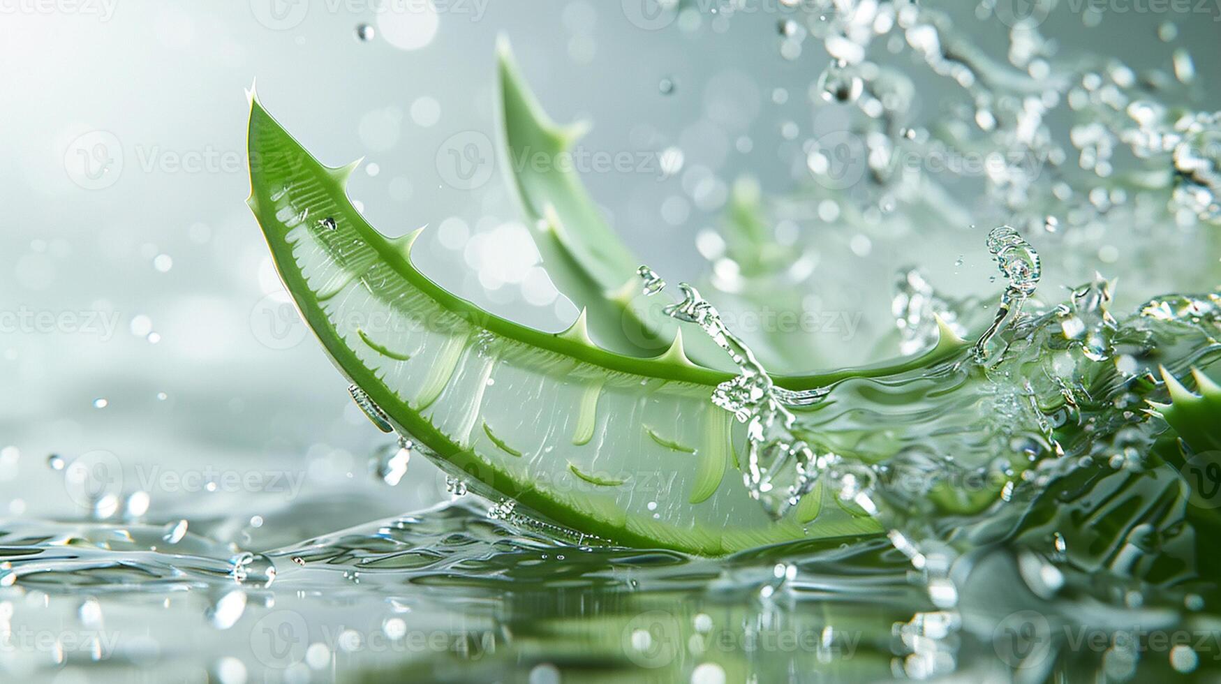 An invigorating image capturing slices of aloe vera dynamically interacting with splashing water, highlighted by a fresh, clean backdrop that evokes a sense of purity and renewal photo