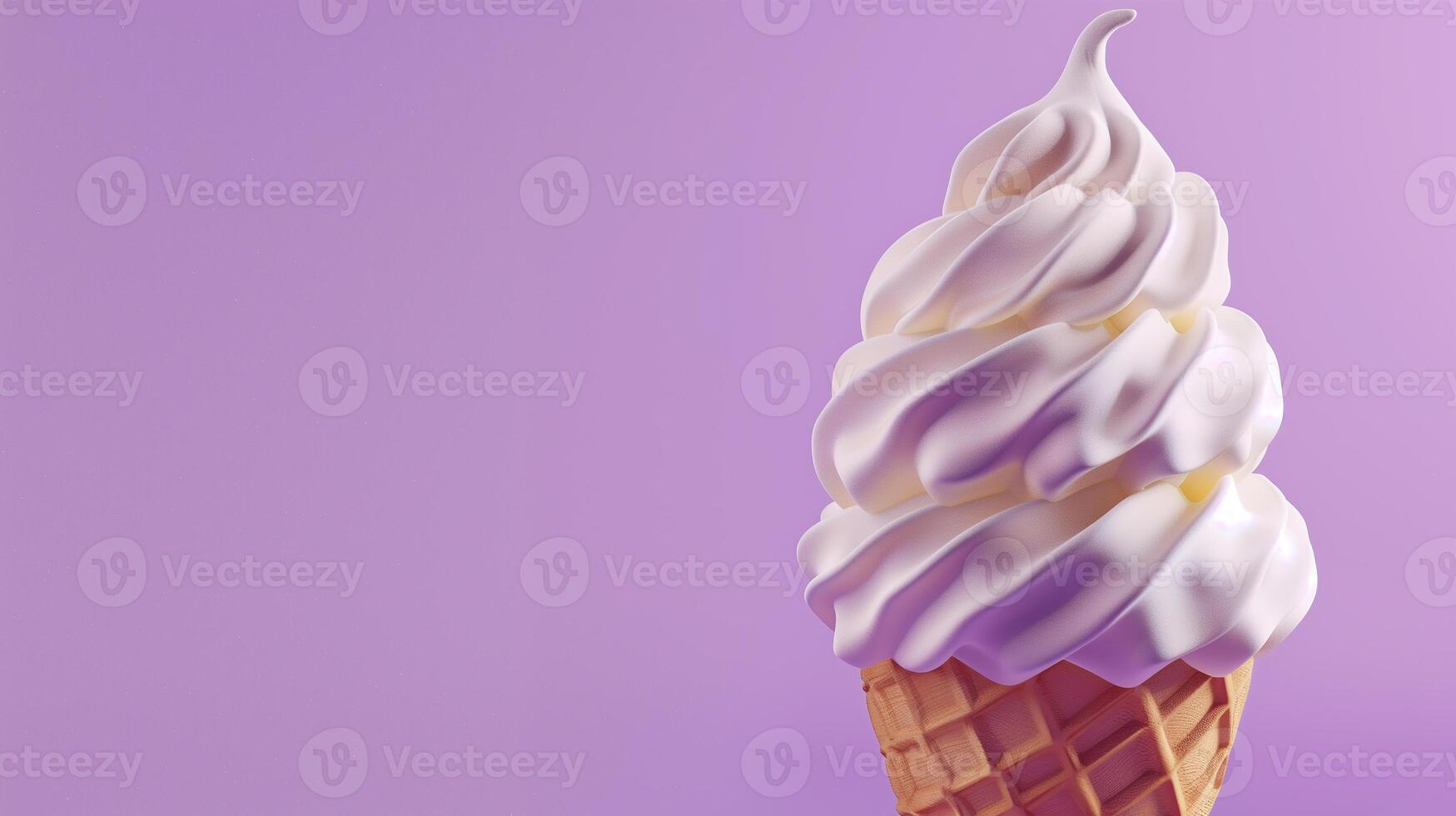 Stylized 3D visualization of an ice cream cone with a swirl of flavors, on a solid lavender background photo