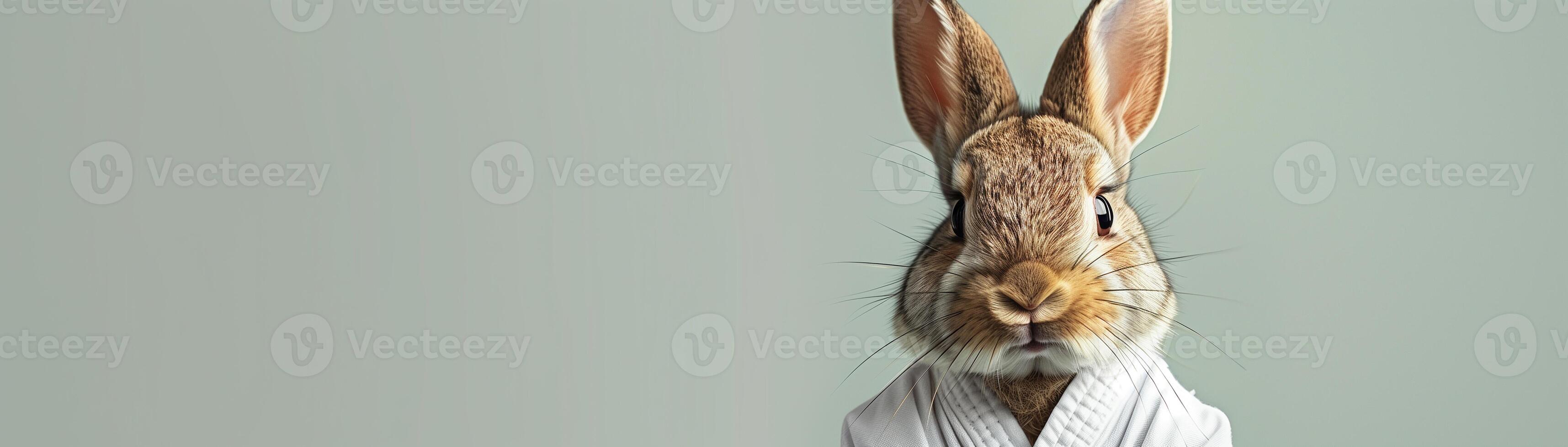 A humorous image of a rabbit wearing a white robe against a neutral background. The animal's expression adds a whimsical touch to the scene. photo