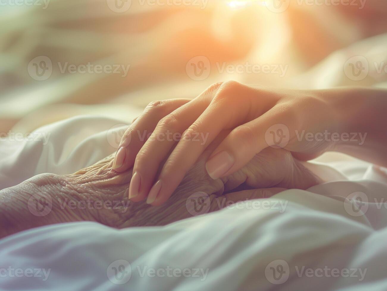 Two hands touching, symbolizing care and compassion in a hospital or hospice setting bathed in warm light. photo