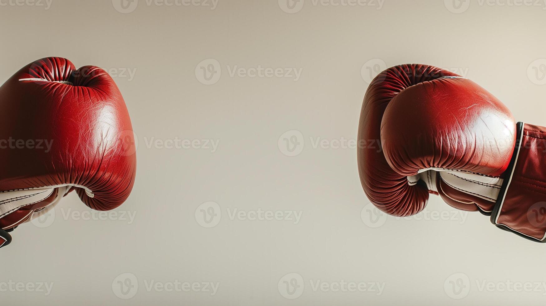 Two pairs of boxing gloves touching before a match, neutral background, focused lighting, large area for text, banner design photo