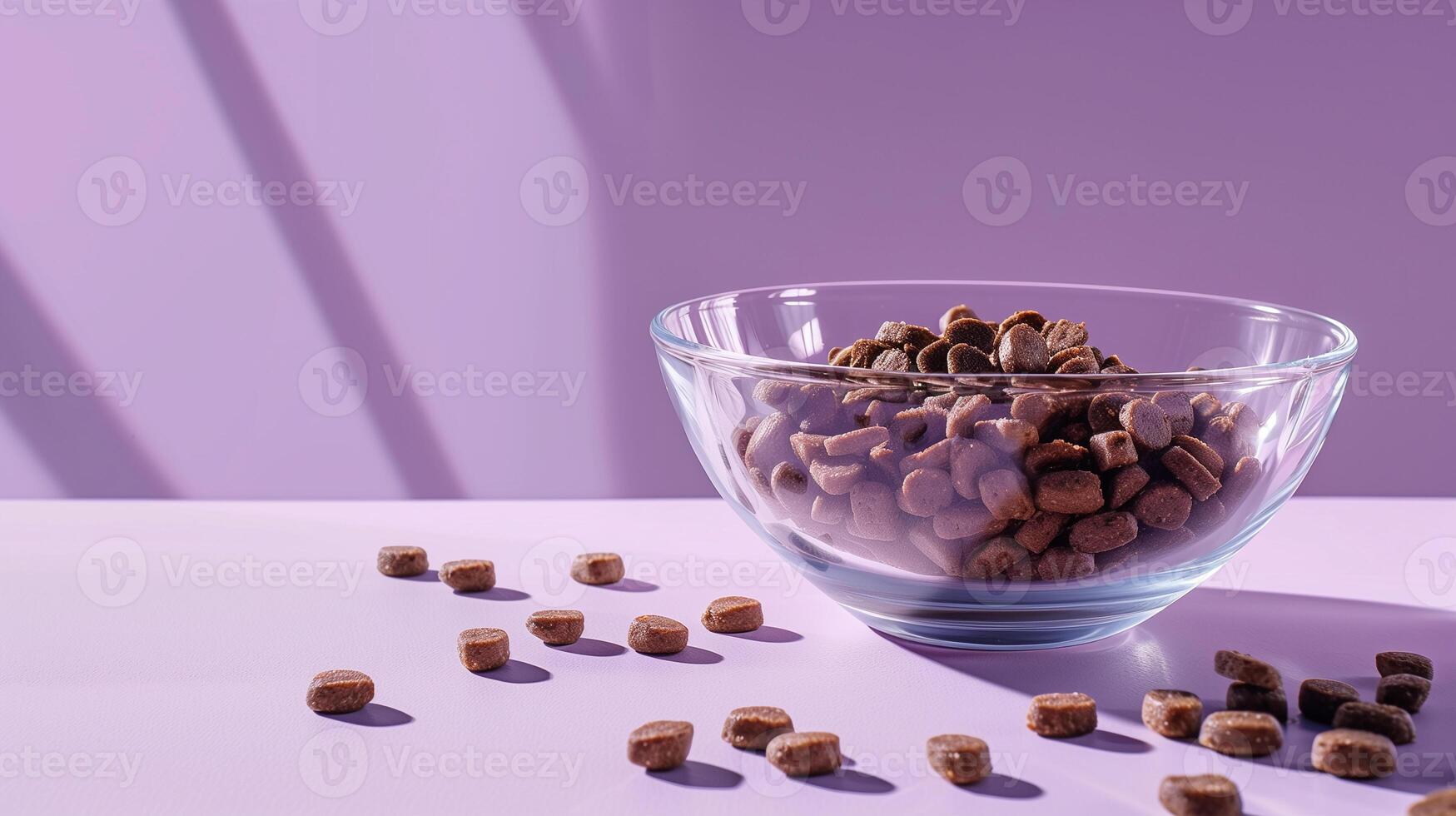 A sophisticated setup with a crystalclear bowl of premium dog kibble against a light lavender background, promoting purity photo