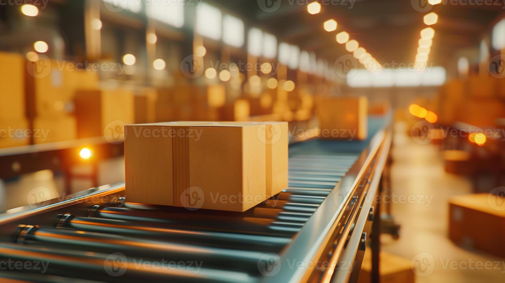 Cardboard boxes moving on a conveyor belt in a large industrial warehouse. Blurred background indicates a spacious and busy shipping area. photo