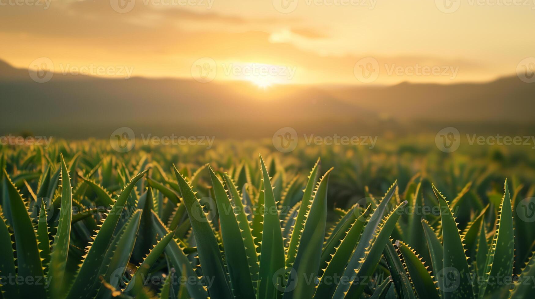 A breathtaking scene of a vast Aloe Vera field bathed in the golden glow of a setting sun, nestled against a backdrop of distant mountains, capturing the essence of serene beauty in nature. photo