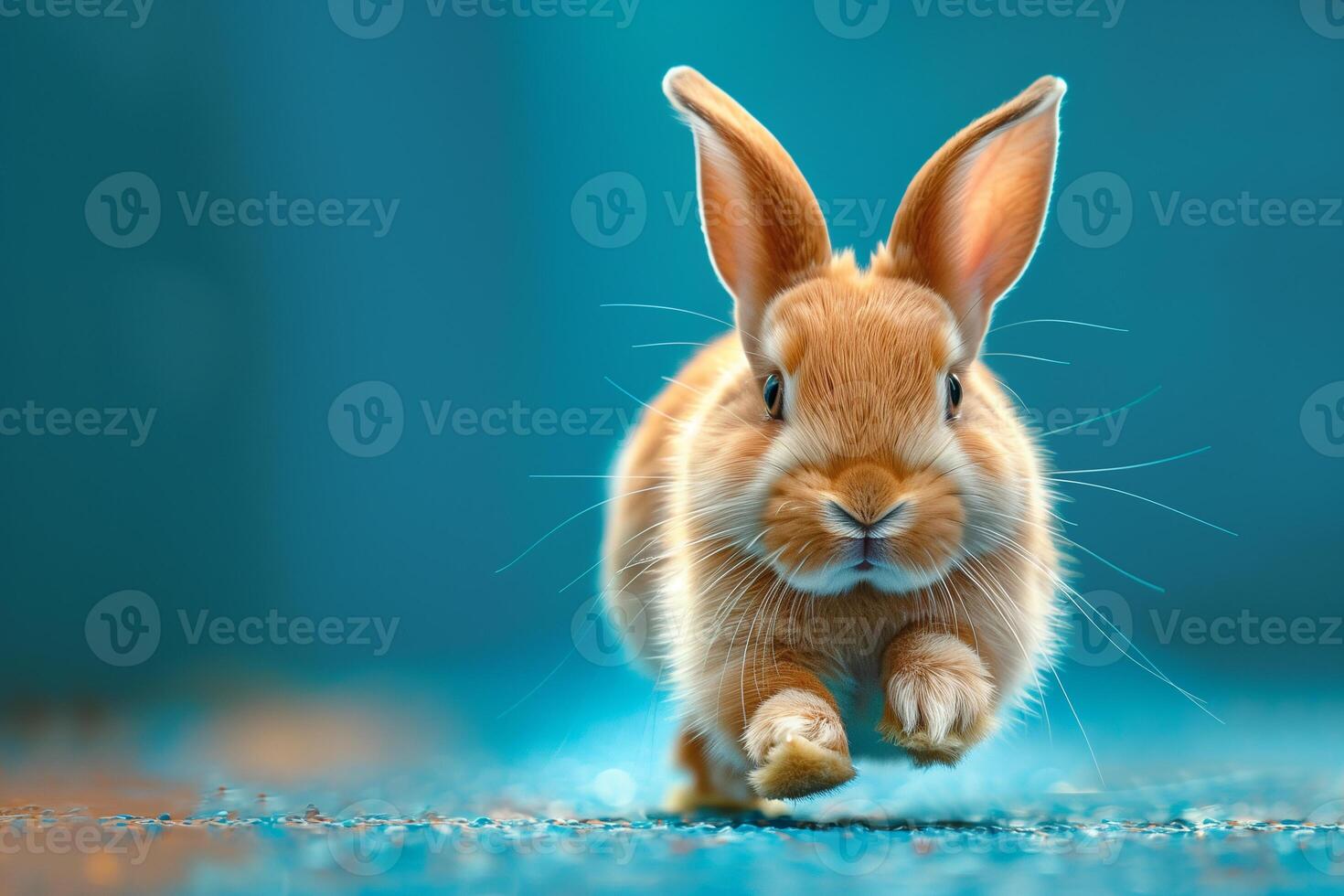 Adorable brown baby rabbit hopping on a blue background, capturing the essence of playfulness and innocence in a vibrant setting. photo