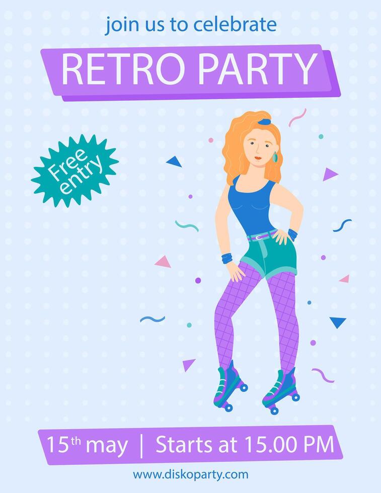 A4 poster with a girl on roller skates in retro style. vector