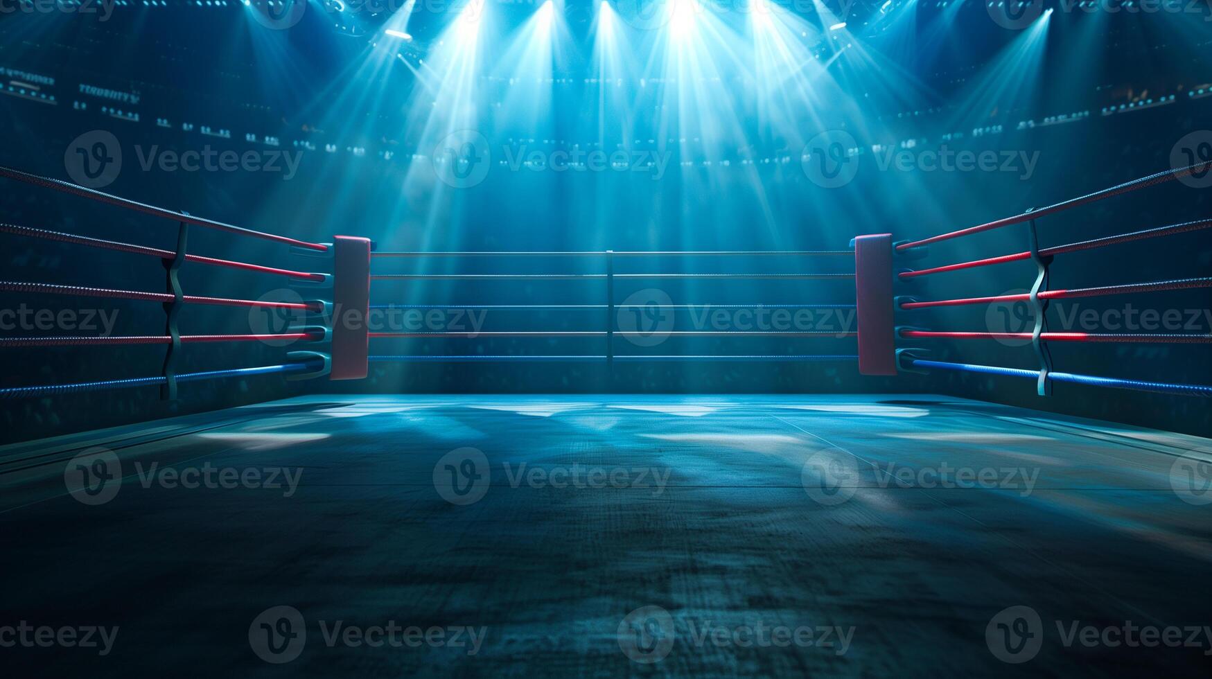 Boxing ring under spotlight with no people, emphasis on the empty ring and ropes, wide space for text, perfect for advertising photo
