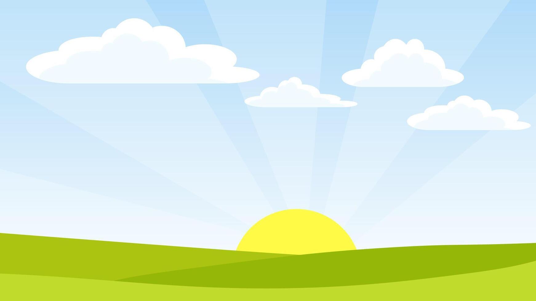 Spring bright landscape of green field, blue sky and clouds vector