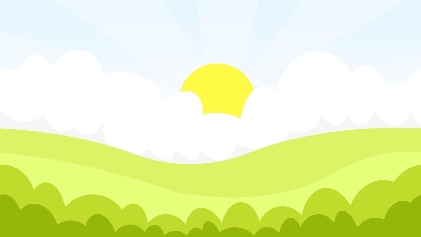 Summer bright landscape of green field, sky and sun vector