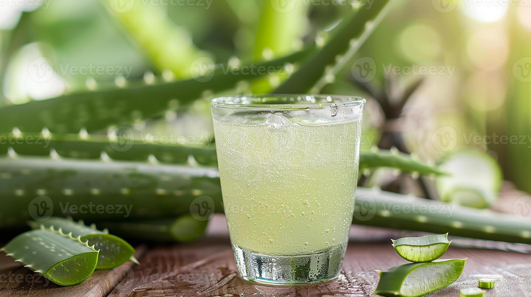 A glass of aloe vera juice on a wooden table. The glass is placed on aloe vera leaves. In the background, there is an aloe vera plant. photo