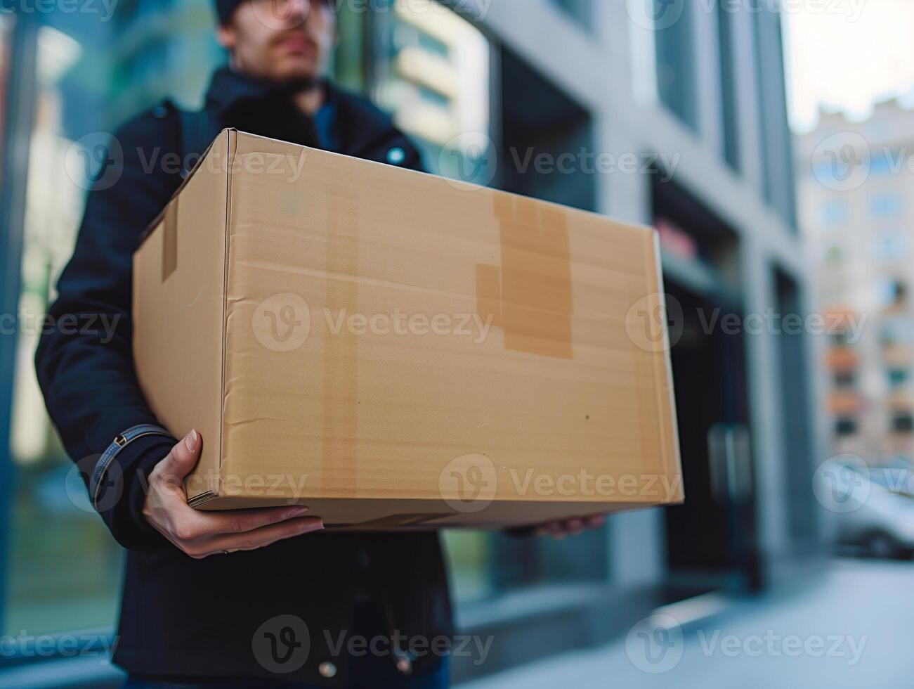 A courier holding a large cardboard box outside a modern office building, representing the logistics and delivery industry. photo