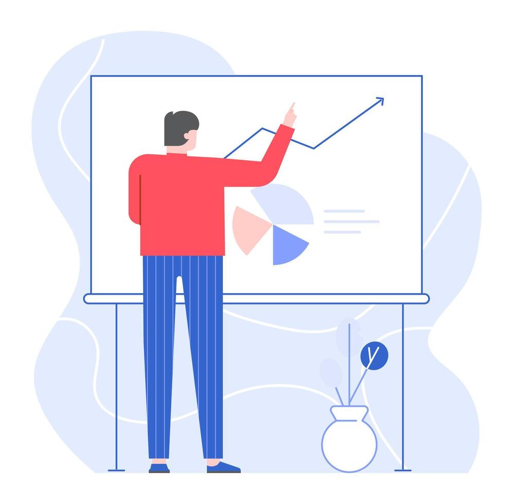 Businessman draw chart on whiteboard, analyze concept vector