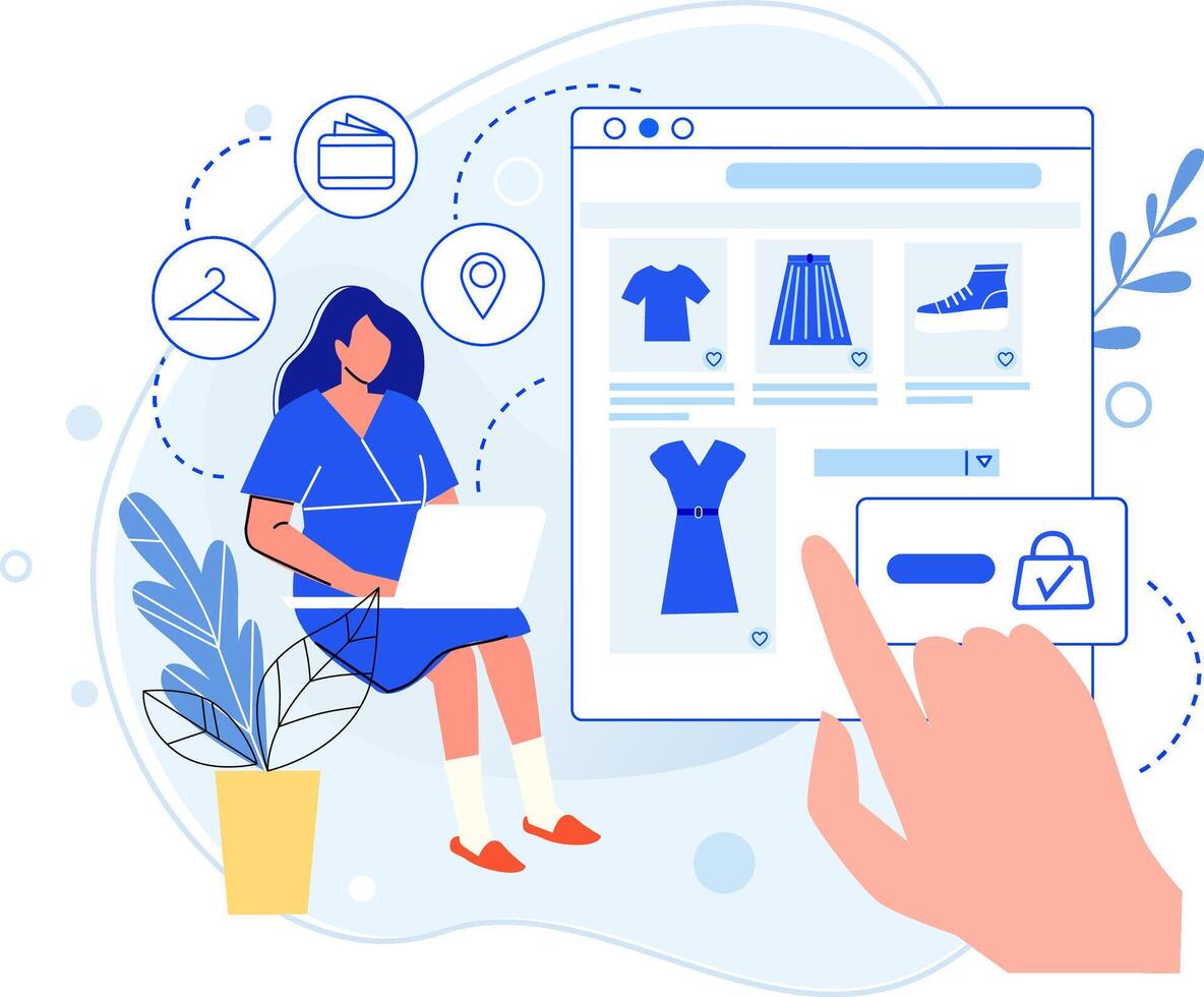 Girl do shopping online , choose clothes on web shop vector