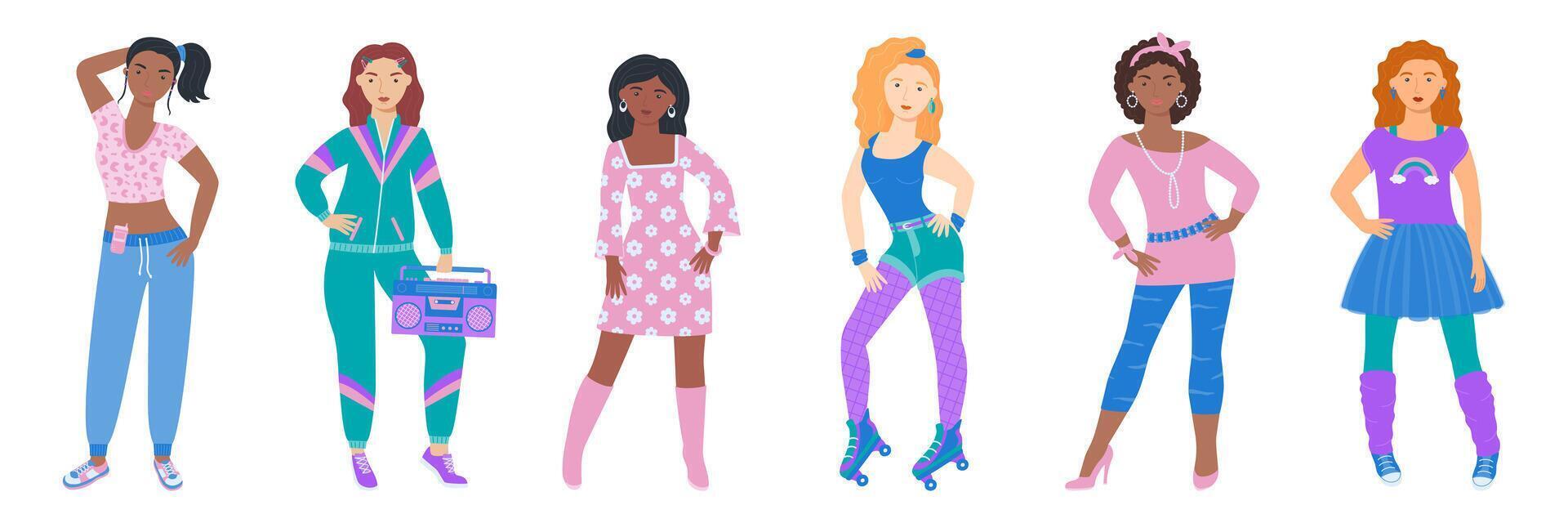 A set of girls in retro style. 90 characters. y2k characters. Fashion of the 90s. vector