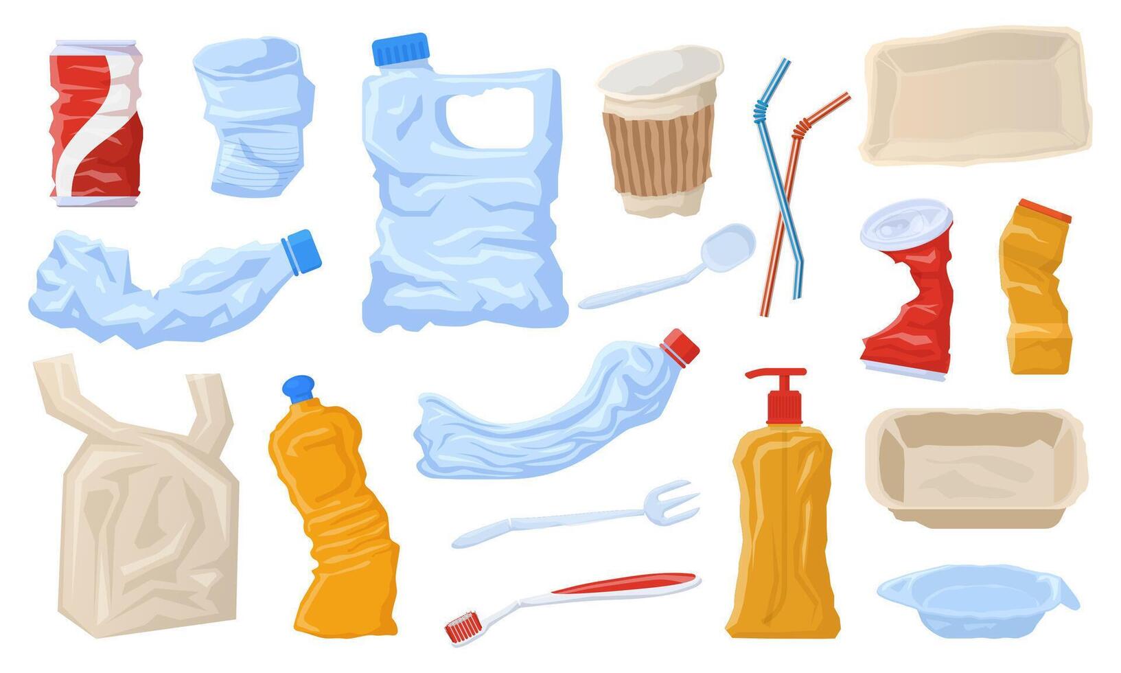Plastic waste, disposable package, non recyclable garbage. Disposable plastic bottles, cups, tableware illustration set. Environmental pollution, plastic waste vector