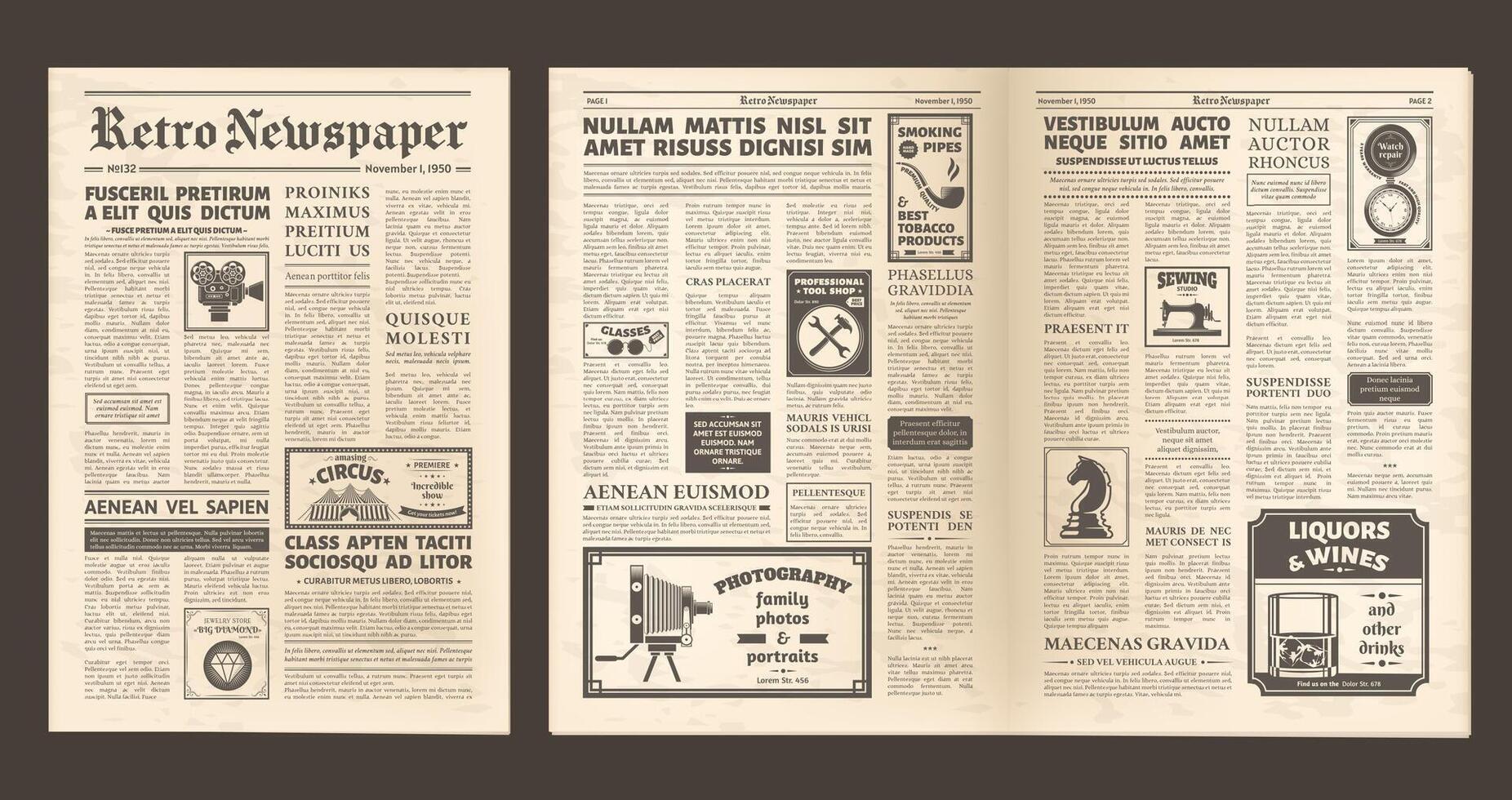 Vintage old newspaper full page, retro spread pages. Retro newsprint page, editorial news and ad posters newspaper layout illustration set. Old newspaper pages vector