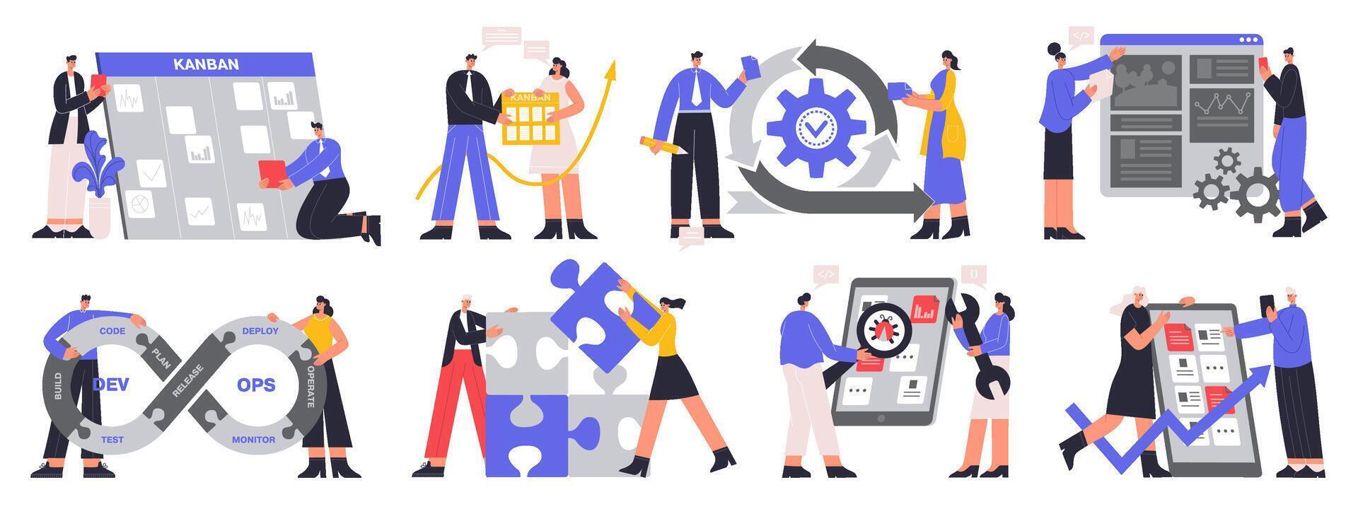 Agile project management, devOps team and scrum task board. Software developers, it devOps team and agile workflow illustration set. Project life cycle vector