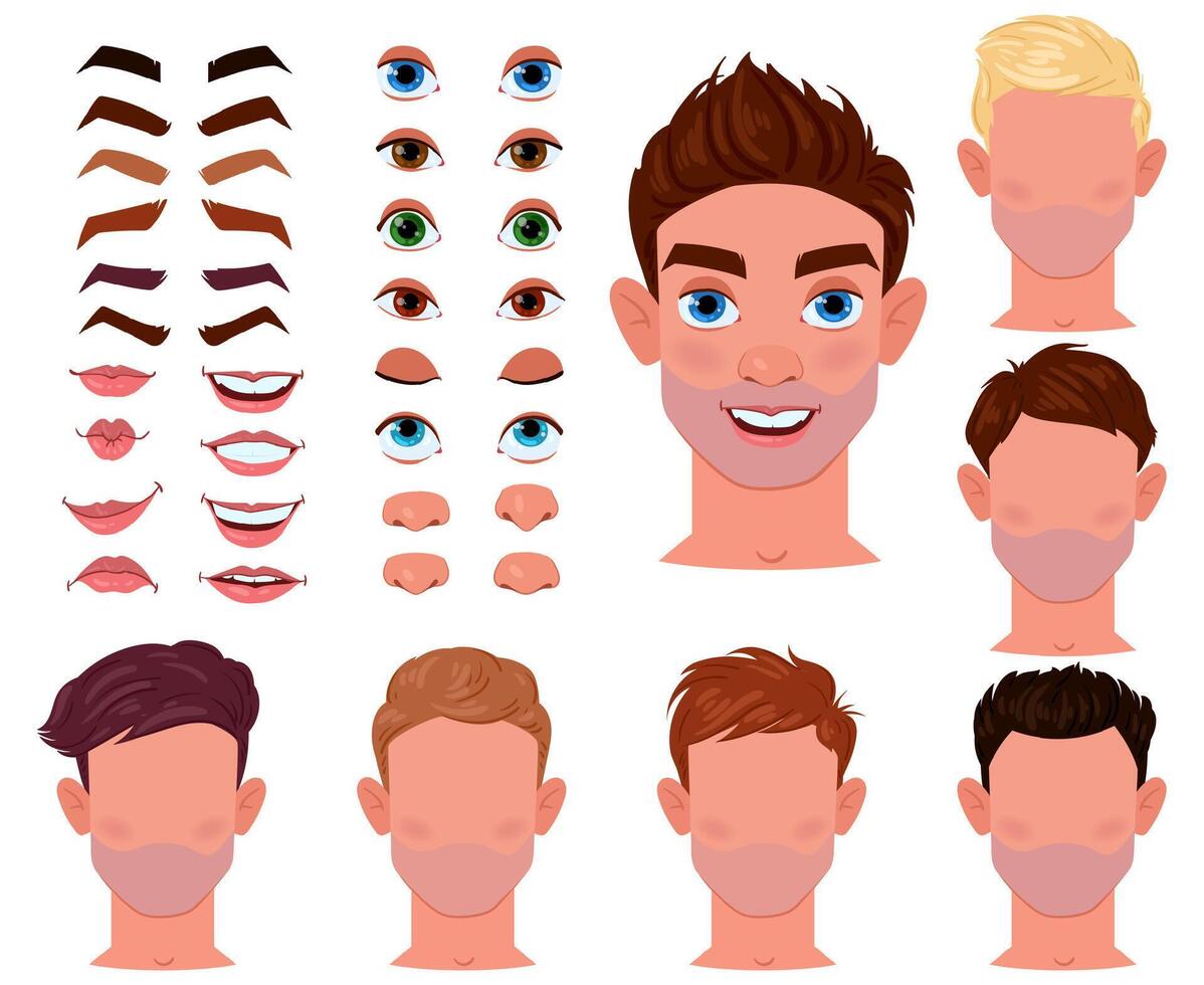 Cartoon man face constructor, male character creator. Male face generator with eyes, brows, lips and noses illustration set. Young guy avatar creation elements vector