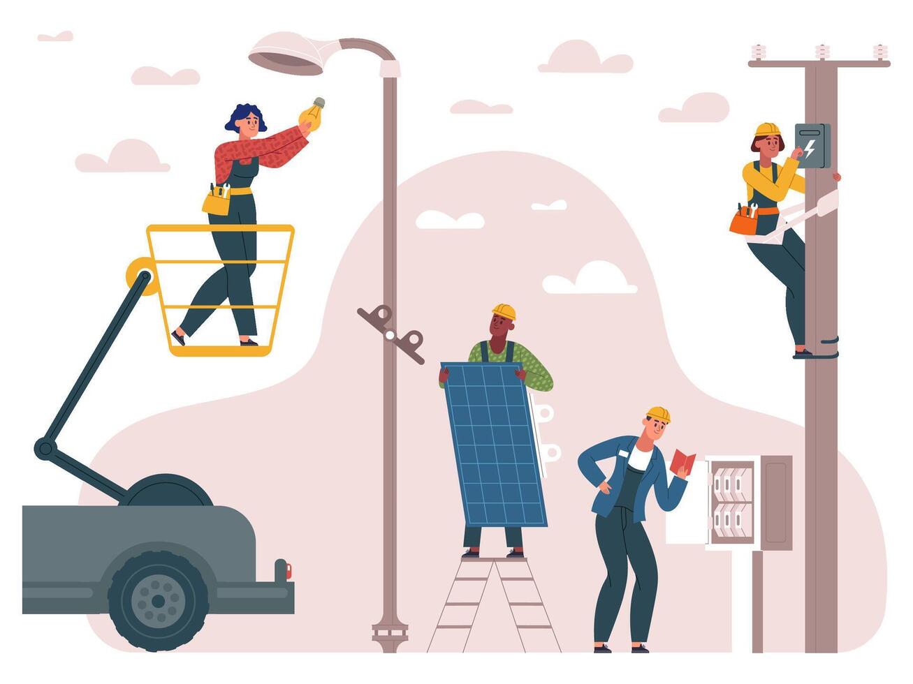 Electricity workers, professional repairman service at work. Professional electrician workers repair power grids illustration. Outdoors electrical repair scene vector