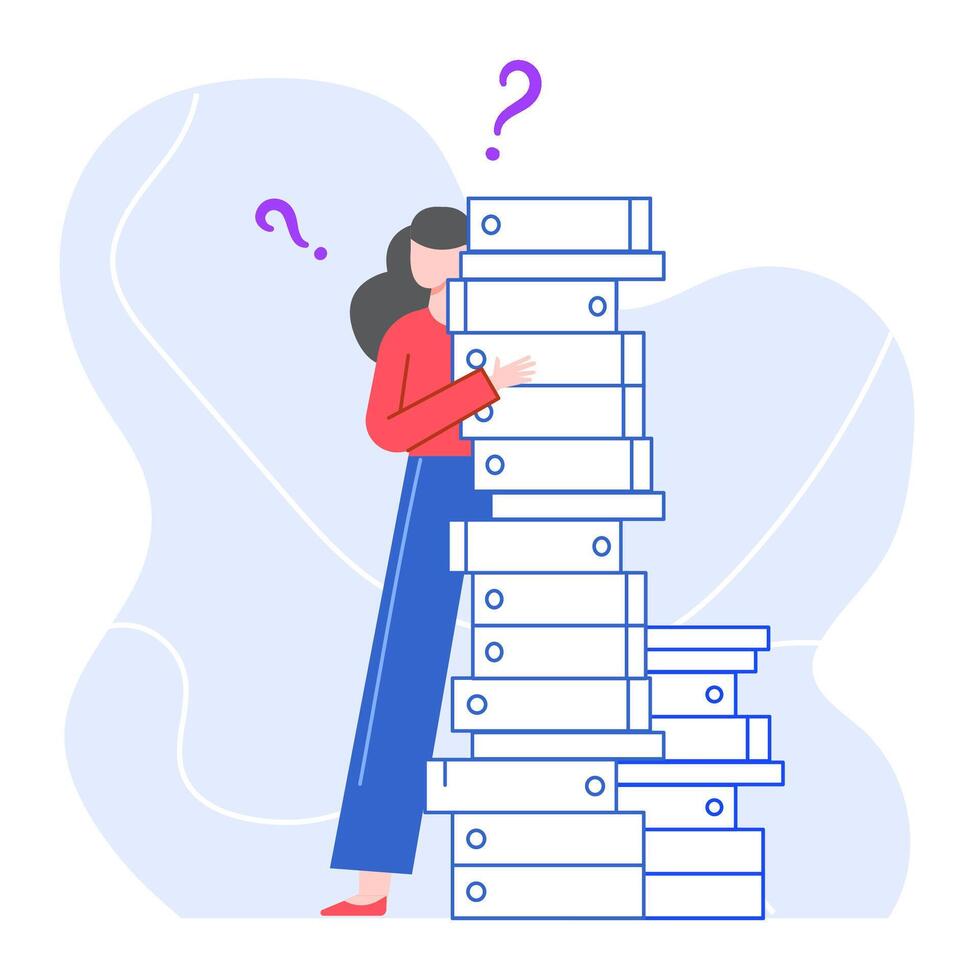 Lot of work, pile documents and tired worker vector
