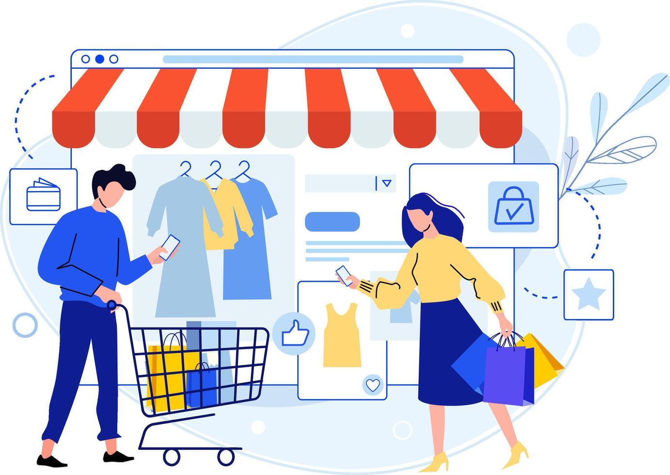 Man and woman do online shopping using smartphone vector