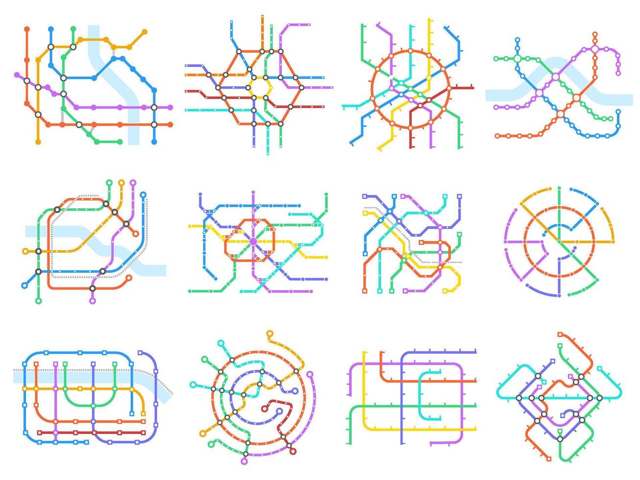 Subway underground scheme, public transportation metro tube maps. Underground train station map, subway metro schemes illustration set. Metro map grids vector