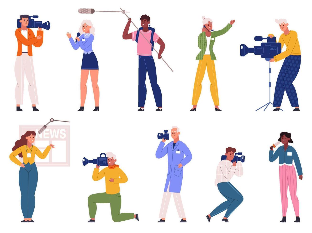Reporters, journalists, professional photographers and tv broadcast videographers characters. Paparazzi and program news reporters illustration set. TV channel workers vector
