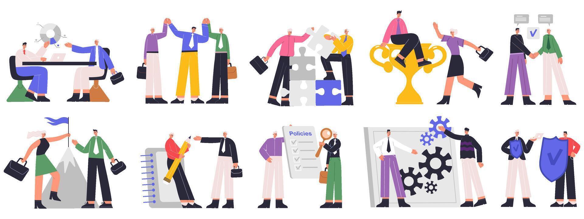 Corporate culture, business ethics and company corporate relations. Business company team, corporate policy employees relations illustration set. Company policy course vector